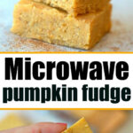 Three pieces of pumpkin fudge are stacked, with one delicious piece of pumpkin fudge held up close to the camera.