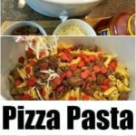 Slow cooker pizza casserole with sauce, cheese, and sausage shown in preparation and finished in three simple steps.