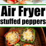 Air fryer stuffed peppers in a basket, topped with melted cheese, and a plated stuffed pepper with a fork ready to enjoy.