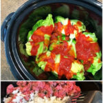Collage showing steps to make slow cooker stuffed cabbage: cabbage leaves, sauce, ground beef, onions, and rice.
