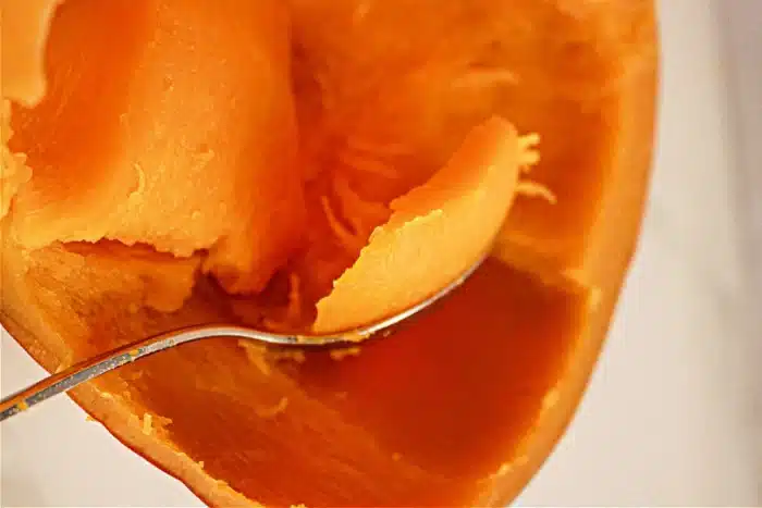 A close-up image of a spoon scooping out the flesh of a halved, cooked butternut squash resembles the texture of pumpkin in a slow cooker. The orange flesh appears smooth and soft, with the background tastefully out of focus.