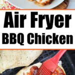 Sliced air fryer BBQ chicken breast on a plate, with juicy chicken being brushed with rich BBQ sauce in the air fryer.