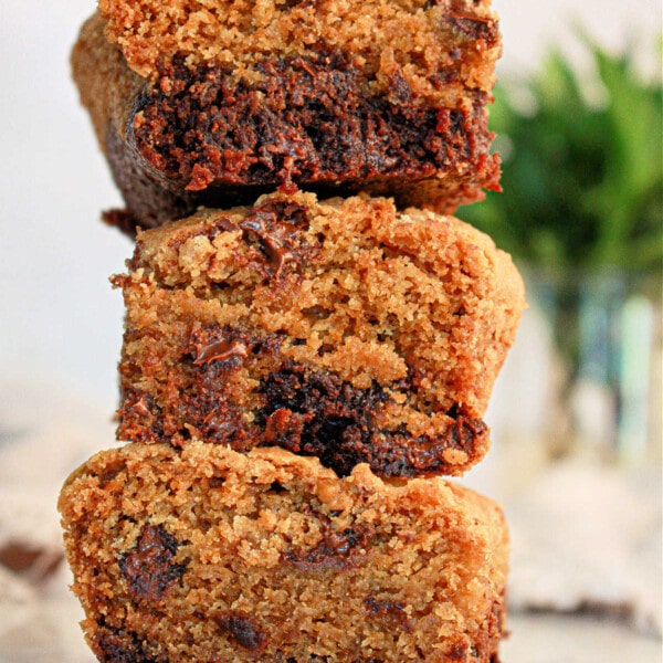 Three stacked slices of brookies, rest on a white surface. The bread appears moist and fluffy, with visible chocolate chunks. A blurred green plant in the background adds a touch of color to the scene.