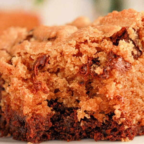 Close-up of a moist slice of chocolate chip cookie cake on a white plate, resembling the perfect blend achieved when learning how to make brookies with brownie mix and cookie dough. The golden-brown crust and melted chocolate chips create a deliciously textured and rich appearance.