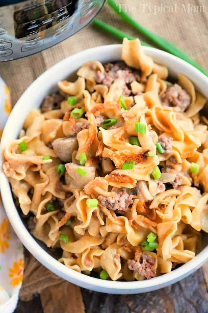 A bowl of Instant Pot Ground Beef Stroganoff  with egg noodles, ground beef, and chopped green onions on top.