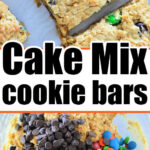 Cookie Bars From Cake Mix with chocolate chips and colorful candies, plus a bowl of dough packed with chocolate chips and candies.
