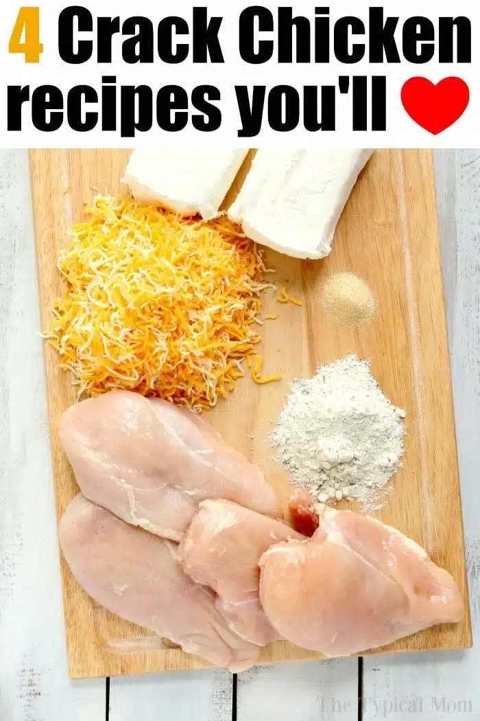Ingredients for crockpot crack chicken: raw chicken breasts, shredded cheese, cream cheese, flour, and seasonings arranged on a wooden cutting board.