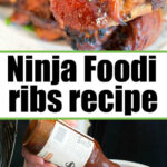 Close-up of cooked ninja foodi ribs glazed with sauce, alongside raw ribs in a Ninja Foodi cooker as barbecue sauce is poured over them.