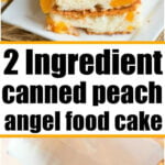 A slice of peach angel food cake with whipped cream, a bowl mixing ingredients, and inviting text about the peach angel food cake recipe.