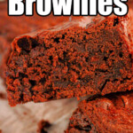 Close-up of chocolate brownies with text overlay: 2 ingredient Black Bean Brownies made with mix.