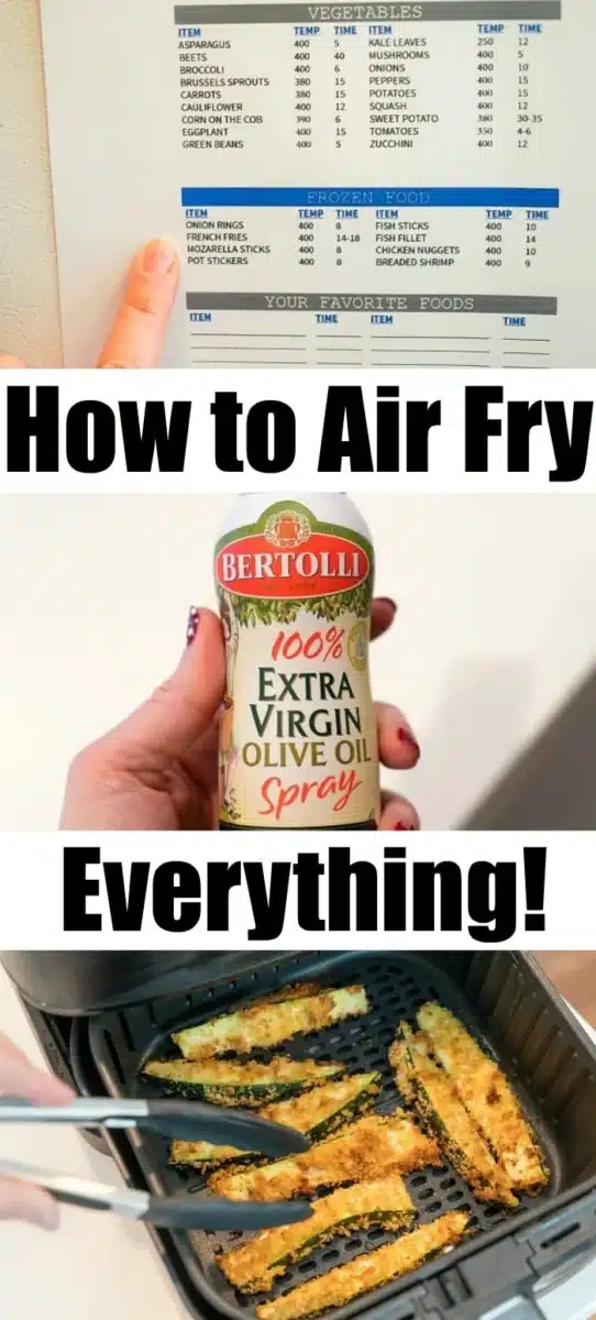 Chart for air frying everything from vegetables to frozen foods adorns the wall; a hand gently holds olive oil spray ready to create crispy delights in an air fryer basket. Text: How to Air Fry Everything!