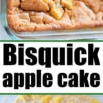 Close-up of an Apple Cobbler with Bisquick being served with a wooden spoon, showcasing tender apple pieces on top.