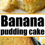 Cake mix banana pudding cake topped with vanilla ice cream and a vanilla wafer, shown before and after baking.