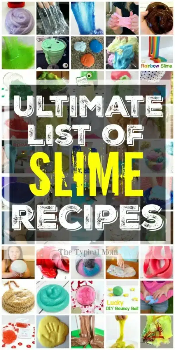 Collage of various slime recipes with images of different colors and textures. A large text in the center reads "Ultimate List of Slime Recipes," showcasing the best way to make slime for creators of all ages.