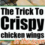 Baked chicken wings on a wire rack with text showing how to bake crispy chicken wings for the perfect oven-baked result.