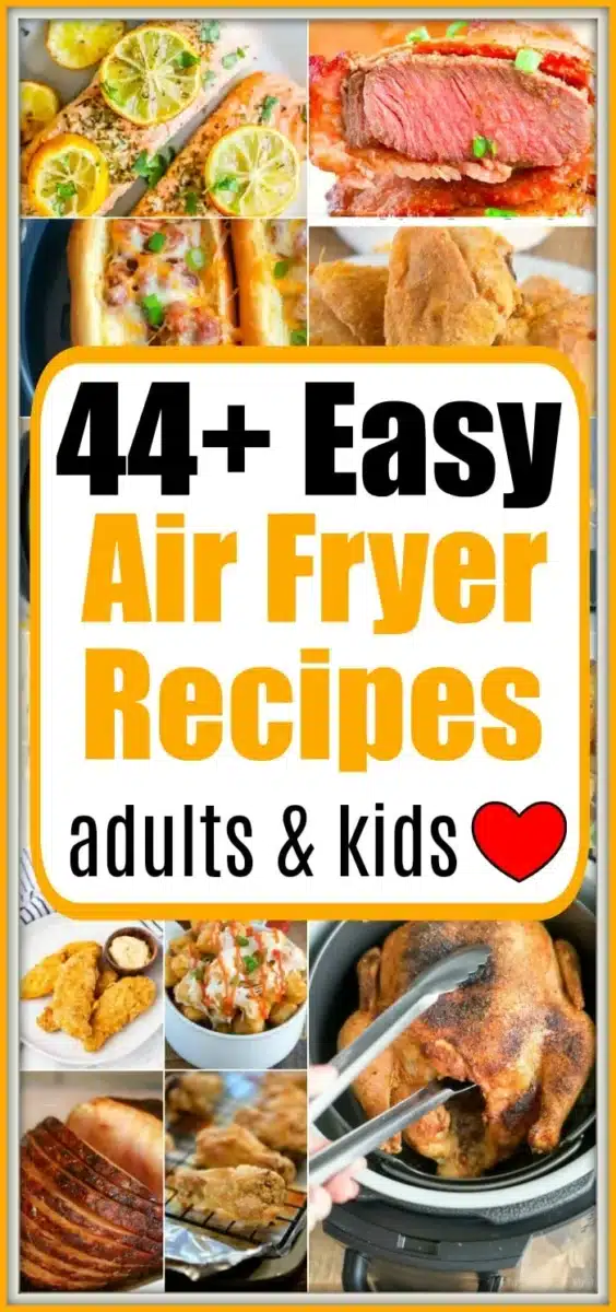 Collage of mouthwatering dishes surrounds the text "44+ Easy Air Fryer Recipes for Adults & Kids" in the center, showcasing effortless cooking delights.