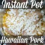 Three stages of making Instant Pot Hawaiian pulled pork: raw pork, chopped onions added, then tender pork mixed with sauce and pineapple.