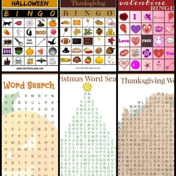 Collage of festive fun with holiday printables: Halloween and Thanksgiving Bingo, Valentine's Bingo, plus word searches for Halloween, Christmas, and Thanksgiving.