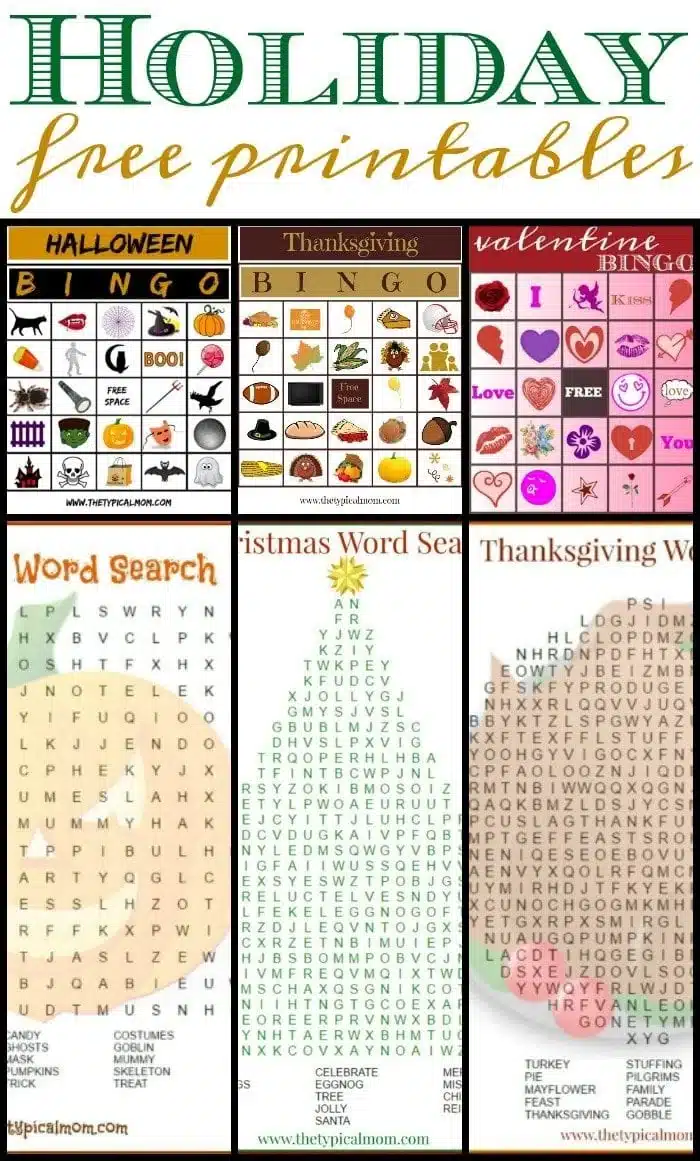 Collage of festive fun with holiday printables: Halloween and Thanksgiving Bingo, Valentine's Bingo, plus word searches for Halloween, Christmas, and Thanksgiving.