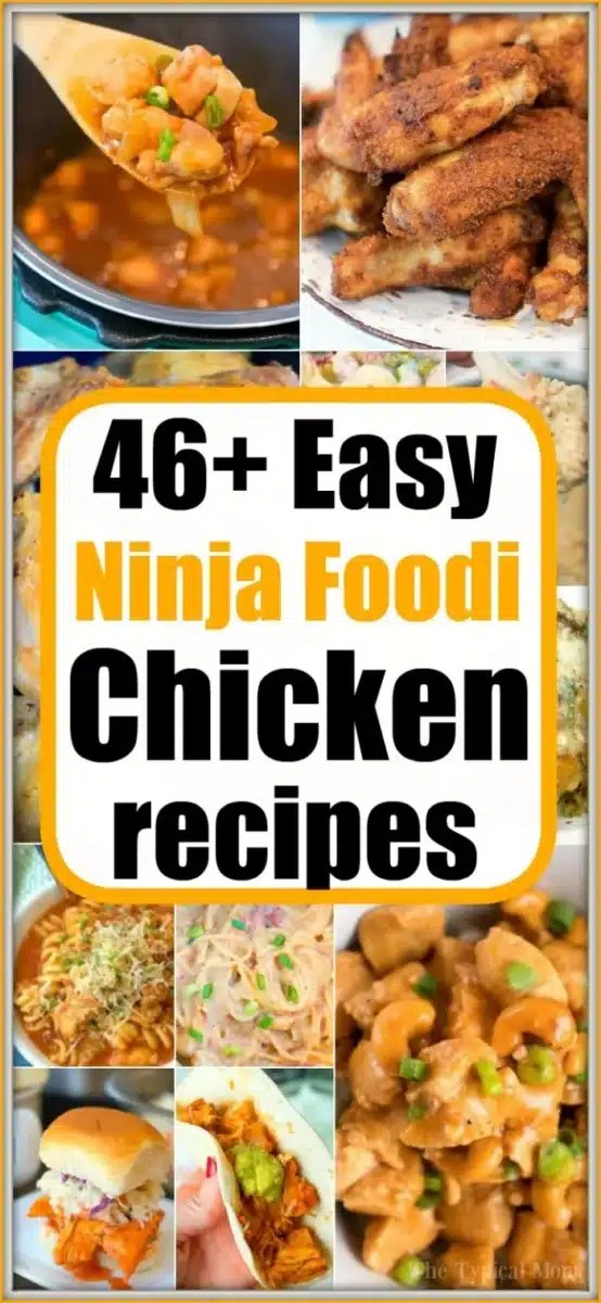 Collage of various chicken dishes with the text 46+ Easy Ninja Foodi Chicken Recipes in bold. Images include chicken wings, soup, and sandwiches, showcasing diverse Ninja Foodi recipe ideas for delicious chicken meals.