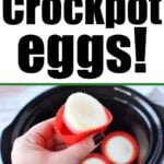 Collage showing Slow Cooker Eggs: soft-cooked eggs in silicone molds, with runny yolks and a sprinkle of black pepper.