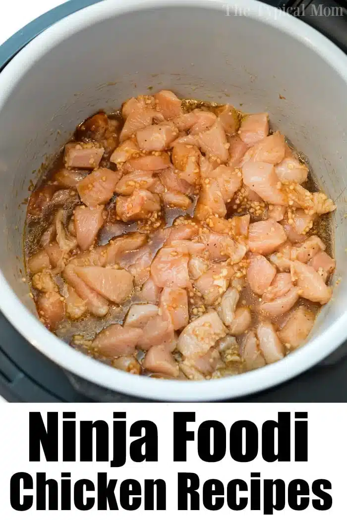 Raw diced chicken with seasoning in a Ninja Foodi pot, perfect for pressure cooker cashew chicken. Text: Ninja Foodi Chicken Recipes.