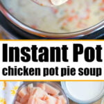 Spoonful of creamy chicken pot pie soup with veggies, made with tender chicken, milk, onion, and mixed vegetables.