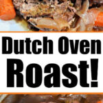 Close-up of a savory Dutch oven roast with onions and carrots, topped with fresh herbs, shown sliced and whole.