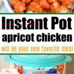 Bowl of pressure cooker apricot chicken over rice, plus ingredients and an Instant Pot for making this easy apricot chicken.