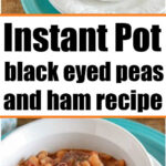 A bowl of black-eyed peas and ham hocks stew served in a white ramekin on a blue-rimmed plate.