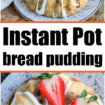 Instant Pot bread pudding shaped like a Bundt, topped with white icing and two sliced strawberries, served elegantly on a plate.