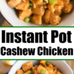 Bowl of pressure cooker cashew chicken with green onions, topped with cashews, seen from above.