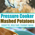 Spoonful of creamy pressure cooker mashed potatoes above a bowl, garnished with green onions.