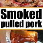 Close-up of smoked pulled pork Traeger style, with rich sauce being poured over tender meat. Text reads Smoked pulled pork.