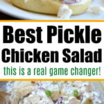 Close-up of a Rotisserie Chicken Salad Sandwich with cheese and pickles, and a bowl of pickle chicken salad underneath.