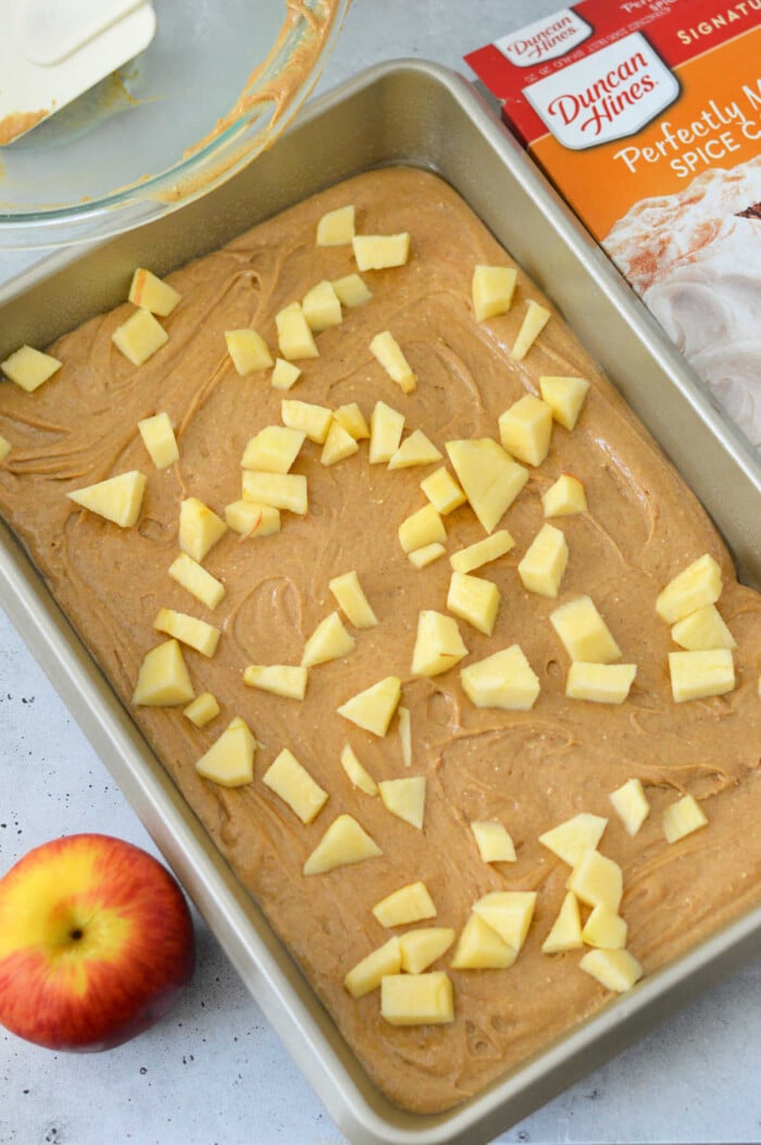 A baking pan filled with apple cake batter, nestled between a fresh apple and a convenient cake mix box, is ready to transform into a delicious apple cake with cake mix.