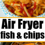 Crispy air fryer fish and chips with fries and ketchup, served on a patterned plate for a tasty, convenient meal.