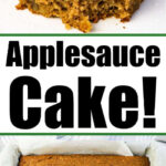 A slice and a whole pan of moist applesauce spice cake, topped with powdered sugar.