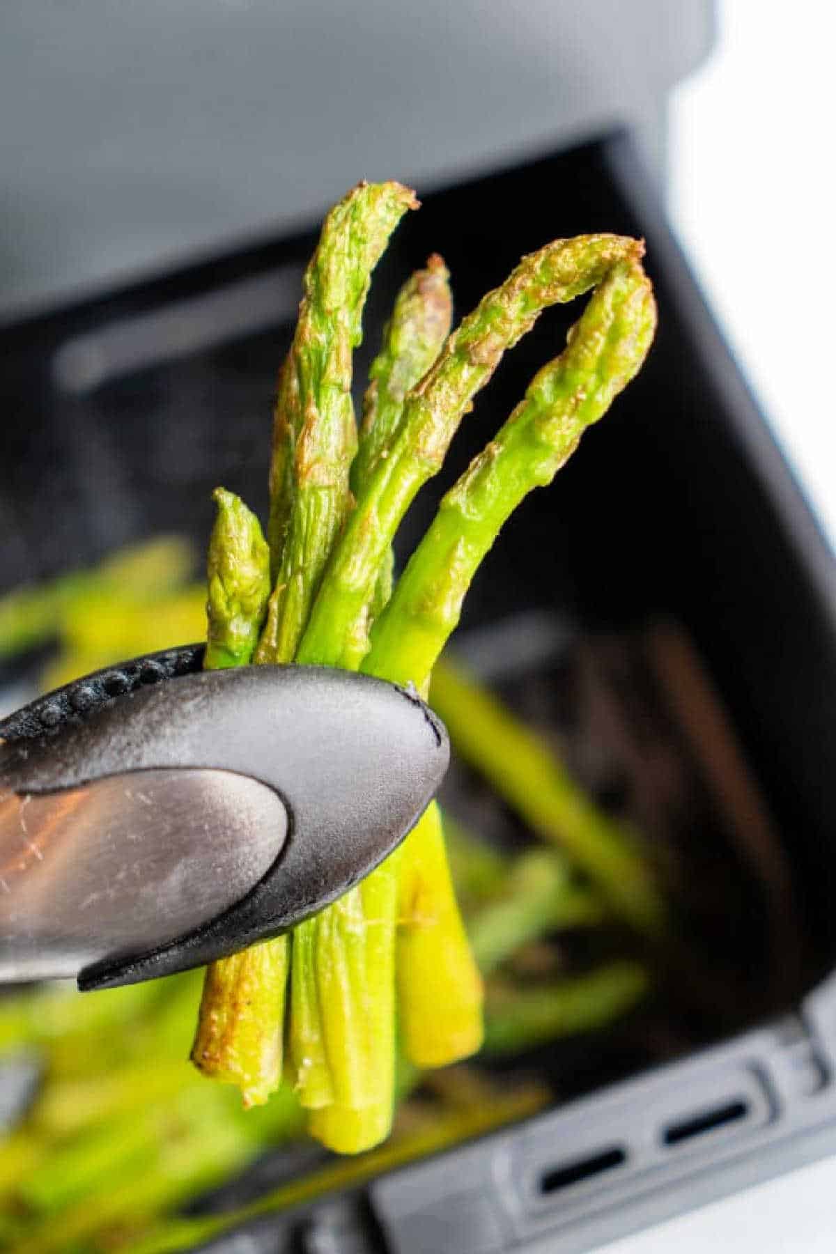 Metal tongs holding cooked asparagus spears above an air fryer basket—discover how to cook frozen asparagus perfectly crisp with this simple air fryer method.