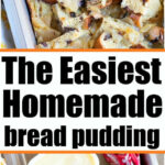 A baked raisin bread pudding in a pan, with slices of raisin bread and a butter dish shown below.