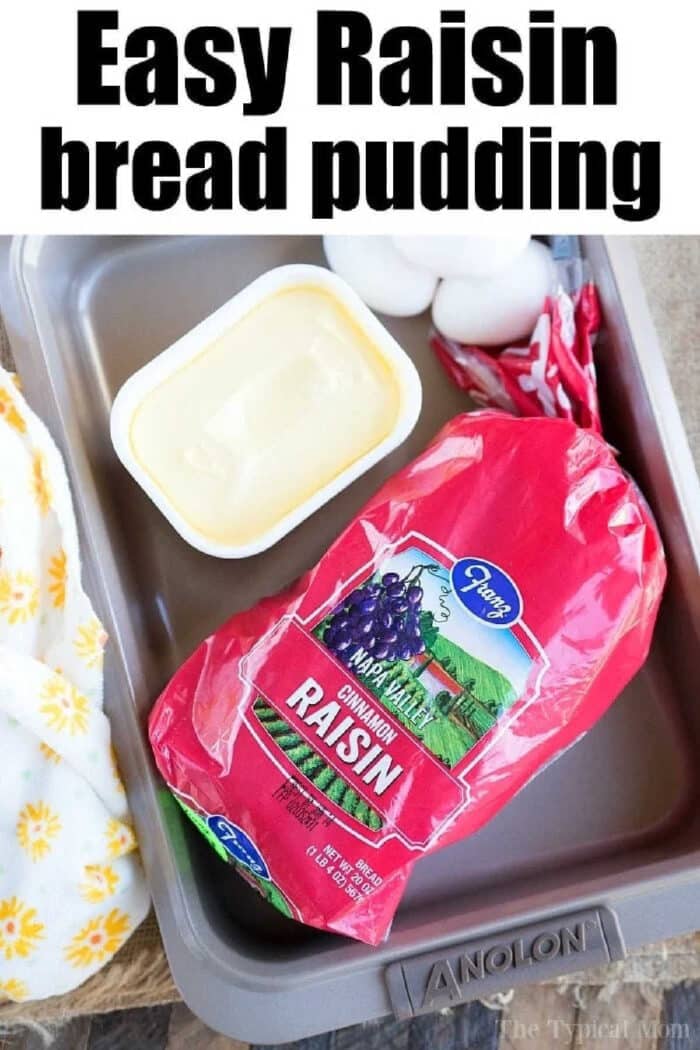 Raisin bread pudding is delicious and easy to make at home. Homemade bread pudding is easier than you think and might become a new family favorite dessert. #raisin #breadpudding #dessert #egg #casserole #breakfast #breakfastcasserole #christmas Raisin bread pudding made easy: layers of buttery raisin bread and eggs in a baking pan, with "Easy Raisin Bread Pudding" displayed above.