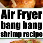 Close-up of crispy shrimp garnished with herbs, held by chopsticks, showcasing the irresistible Air Fryer Bang Bang Shrimp recipe.