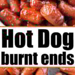 Close-up of Hot Dog Burnt Ends glazed with barbecue sauce, being picked up with a toothpick.