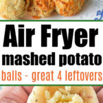 Air Fryer Mashed Potato Balls with dipping sauce and a hand filling one with diced cheese—perfectly crispy bites ready to enjoy.