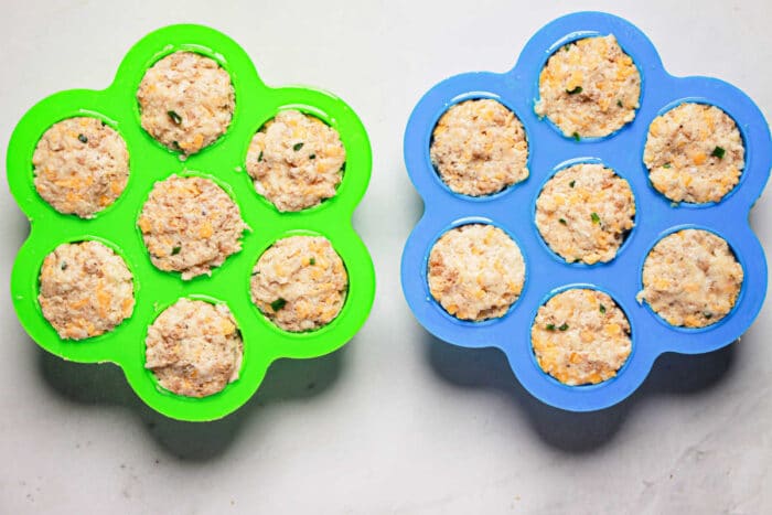 Two silicone molds filled with uncooked sausage balls, one green and one blue, sit on a light gray surface, ready to become delicious pressure cooker creations.