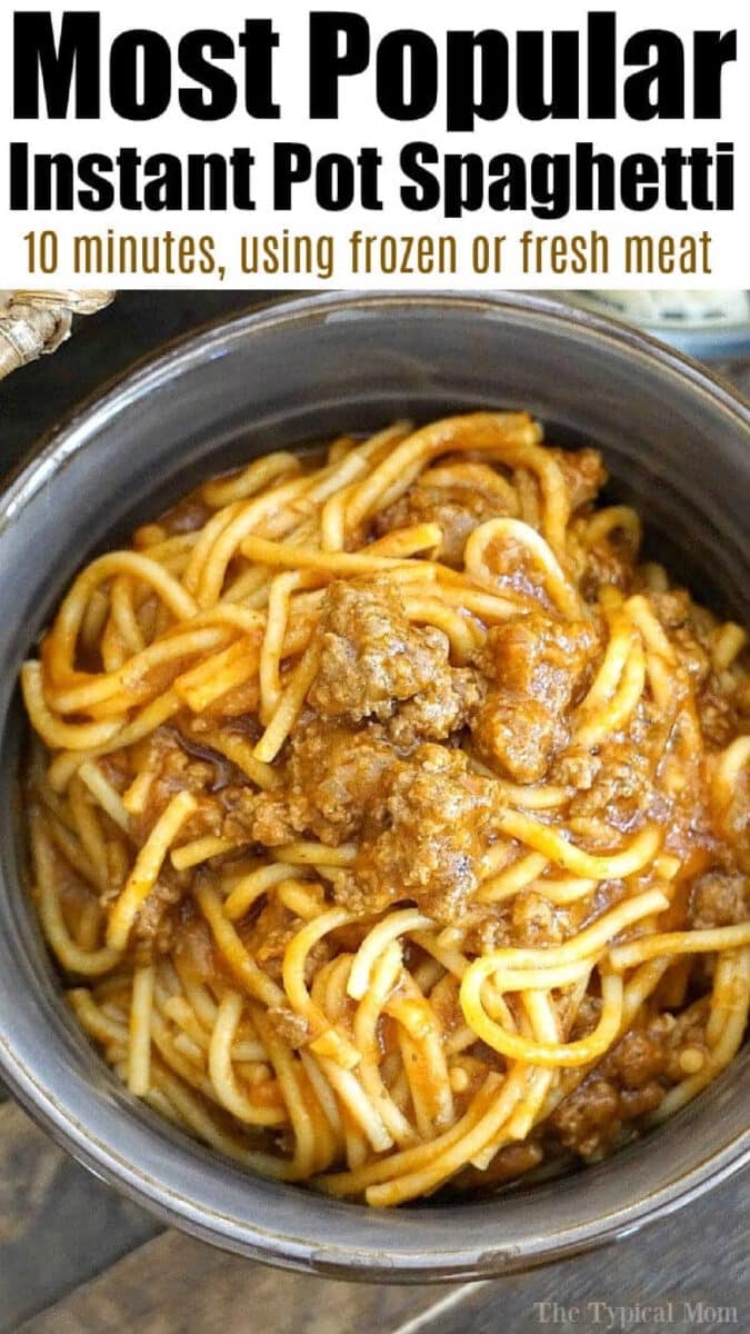 Best Instant Pot spaghetti recipe ever!! Use frozen or fresh ground beef to make. #instantpotspaghetti #instantpot #spaghetti #pasta #easy #recipes #instantpotrecipes #thetypicalmom A savory bowl of instant pot spaghetti with meat sauce, topped with ground beef and rich tomato sauce, all cooked to perfection inside an Instant Pot.