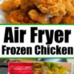 Hand holding a crispy fried chicken strip above a plate, with a bag of Tyson frozen chicken strips below—perfect for making frozen chicken tenders in air fryer.