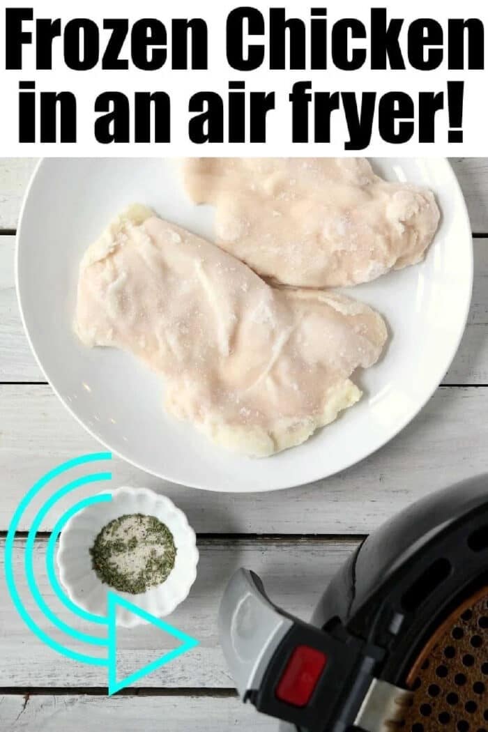 Frozen chicken breasts on a plate next to an air fryer and a small bowl of herbs on a white table, perfect for preparing frozen chicken breast in air fryer with fresh flavors.