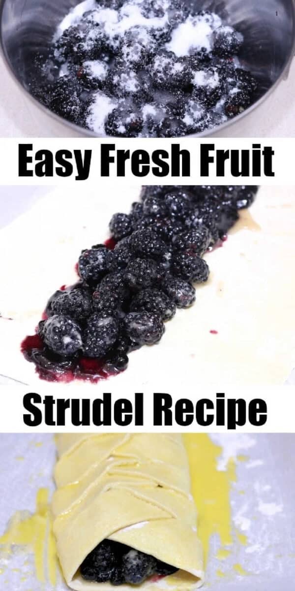 Bowl of sugared berries, berries on strudel dough, and wrapped strudel pastry brushed with egg wash.