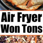 Golden brown air fryer won tons rest in the basket above, while savory cooked ground beef and vegetables sit below.
